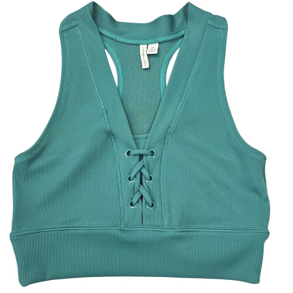 Live Well Sports Bra Womens Medium Green Ribbed Lace Up Racerback Yoga